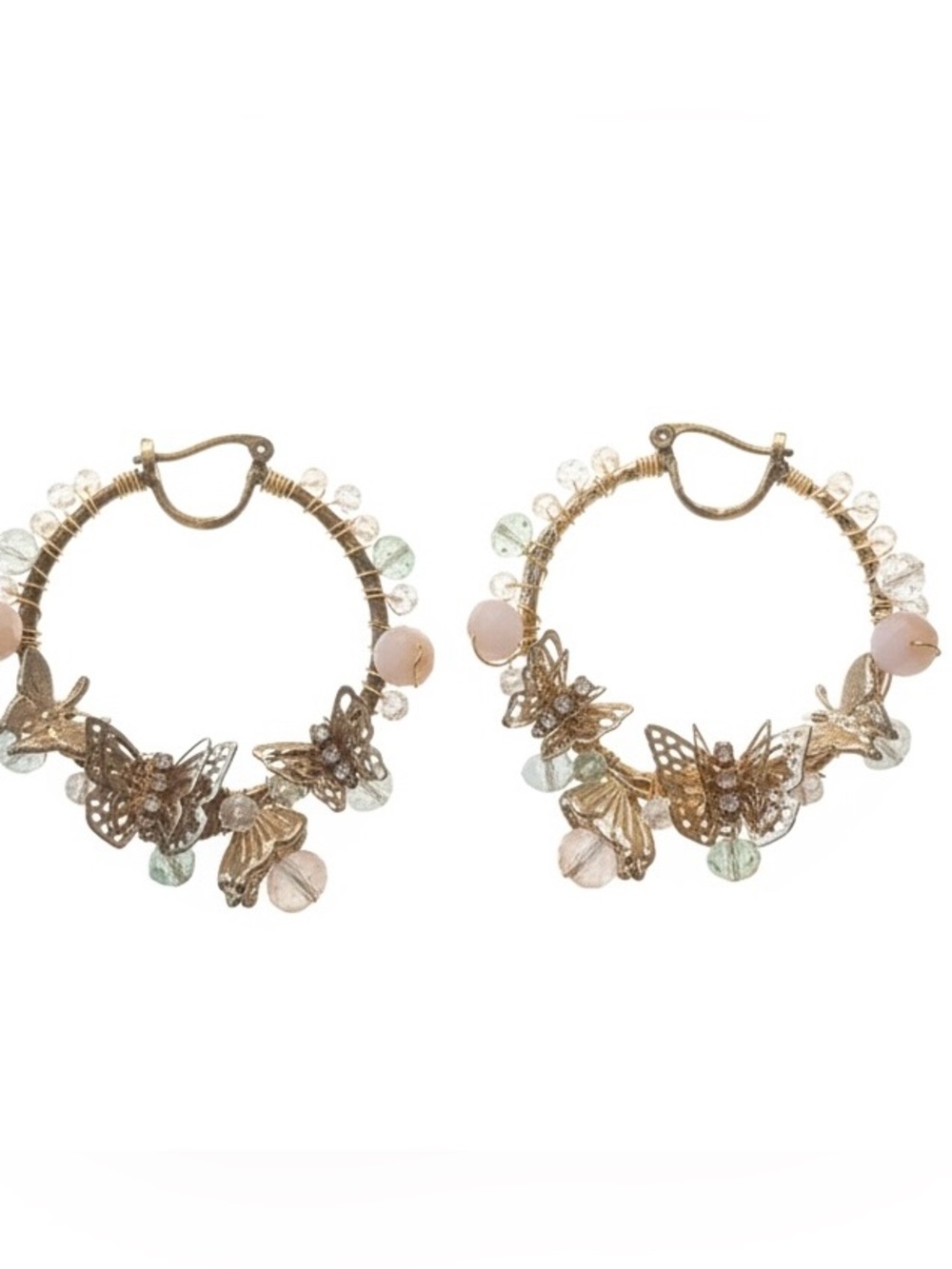 Betsey Johnson Whimsical Gold Butterfly Hoop Earrings, Pink and Pale Green Beads